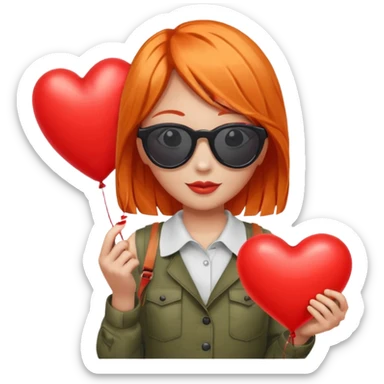orange hair girl with sun glasses holding red heart balloon sticker