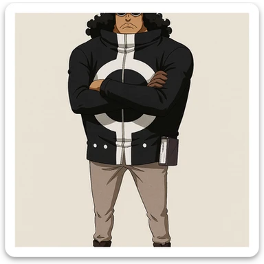 Bartholomew Kuma from One Piece, full body, arms crossed, bear hat, sunglasses, anime style sticker