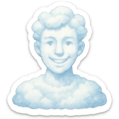 a bright and recognizable person from shoulders up, front view, composed of cloud shapes similar to the reference clouds, no text sticker