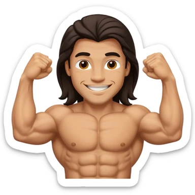 muscled happy guy showing biceps, long dark hair sticker