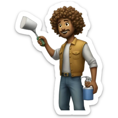 curly man painting wall with spray in hand sticker
