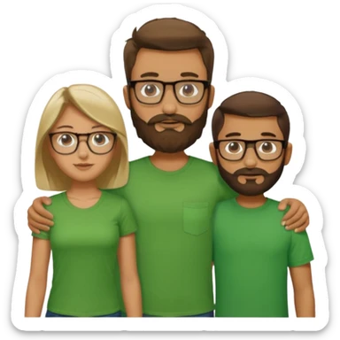 A family consisting of a man who's bearded, tanned, wearing glasses, a woman, slightly tanned, and a 14 year old teenage boy, slightly tanned, wearing a green t-shirt, not everyone is wearing glasses,  sticker