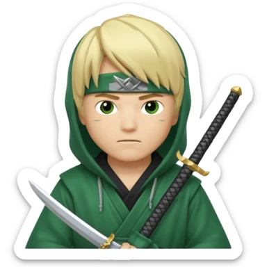 Green ninja Lloyd garmadon blonde hair, kaptur hoody on his head but blonde grzywka visible; the bottom left one is best (the one without miecze + black band + no mask of face) but add miecz; I want no band on head  sticker