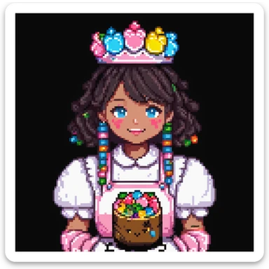 Portrait of a baker dressed in pink candy-themed clothes, gummy bears on his sleeves, rock candy crown, marshmallow gloves, skeuomorphism style sticker
