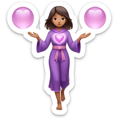 A small figure walks back across a foggy bridge, holding soft pink and purple orbs in each hand—symbolizing compassion and forgiveness. A gentle heart aura trails behind them, showing healing in motion. sticker