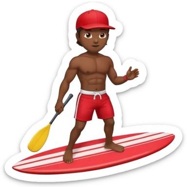 Dark, muscular surfer wearing red shorts and a baseball cap Hawaii sticker