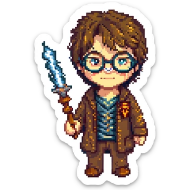 Harry Potter with glasses, lightning scar, and wand in pixel art style sticker