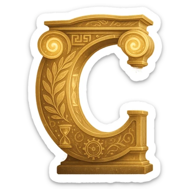 letter C designed to look like a Greek temple column, with subtle godly motifs and a mystical aura, referencing Chronos, only the letter C sticker