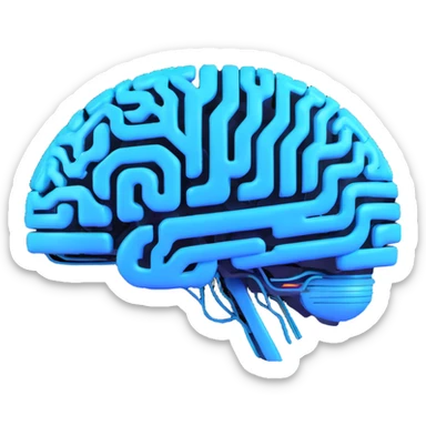 AI-themed emoji, brain with digital circuits, neon blue accents sticker