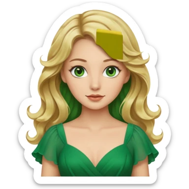 Queen, blonde wavy hair, green eyes, long green dress sticker