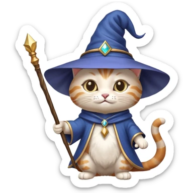 cat wizard with a pointed hat and magic wand sticker