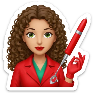 Spanish sexy evil woman. She has green eyes.  had brown long curly hair.  evil surgeon kills with scalpel wears red sexy doctor coat with red long mouth cover red gloves.  sticker