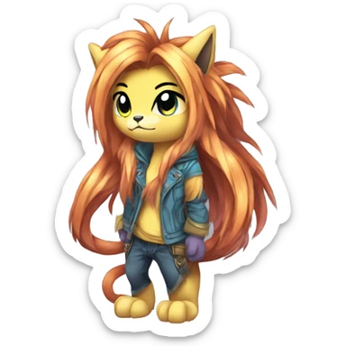 Anthro Sona Cool Edgy Cute Legendary Colorful Shy Shiny Fakemon-Fantasy-Creature With Long Hair-Mane Full Body Detailed High Quality sticker