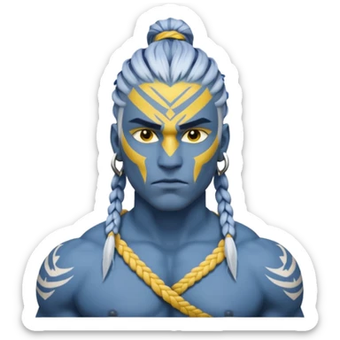 Design a Na’vi male with blue skin, tribal markings, braided hair, sharp eyes & a warrior look. sticker