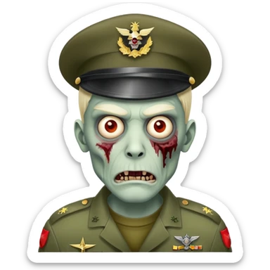 A male zombie emoji with a miltary hat on its head with an evil face sticker