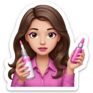 girl with long wavy brown hair, brown eyes, light to medium complexion, in a pink shirt, pink lips, long lashes, puckered lips,  painting long finger nails sticker