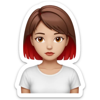 Una ragazza bellissima, truccata un po', con occhi marroni e capelli marroni corti fino alle spalle con due ciocche rosse davanti . Un seno medio. Vestita con una maglietta aestetich bianca  sticker