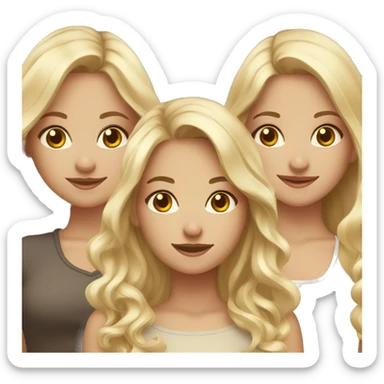 three girls. two blonde one brunette. the blondes have hazel eyes and long hair. the brunette has brown eyes and curled hair. sticker