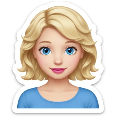 Girl Blonde short wavy hair,  blue eyes, cute blue top, long lashes, pink lips, smiling, 🙅🏻‍♀️ sticker
