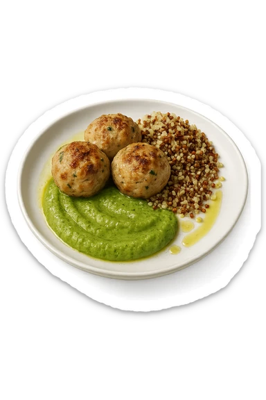polpette di tacchino, purè di zucchine, quinoa e olio di oliva, iperrealistico 4k sticker