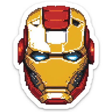 Iron Man face helmet in pixel art style, red and gold superhero mask sticker