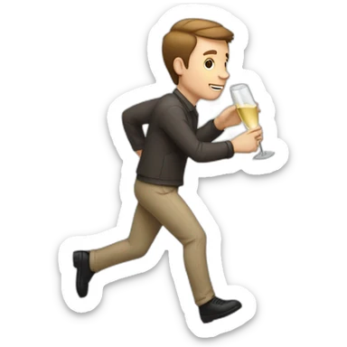 White man with very short brown hair runs with a carton of champagne sticker