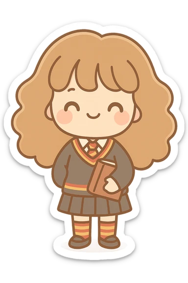 Kawaii chibi character, large head, tiny body, rounded lines. Joyful face: closed arc eyes, pink cheeks, gentle smile. Warm, pastel earthy colors. Fine brown outlines. Gryffindor uniform: V-neck dark gray sweater with red/gold stripes, white shirt, striped tie, skirt or pants, matching socks, black shoes. Holding brown magical book. Hair: voluminous, wavy, chibi style. Transparent or light background, cel shading, Japanese sticker style. sticker