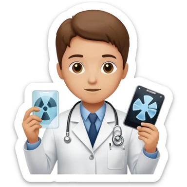 A medical professional in a white lab coat examining an X-ray film, wearing a radiation badge sticker