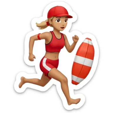 Female lifeguard – red cap, running along shore with rescue buoy sticker