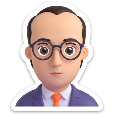 A man with an oval-shaped head, big forehead, receding hairline, dark hair, big dark eyebrows, long nose, wearing clear eyeglasses sticker