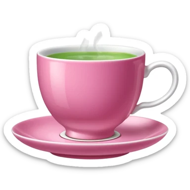 dark pink teacup filled with green tea, placed on a matching pink saucer, with gentle steam rising from the cup.  sticker