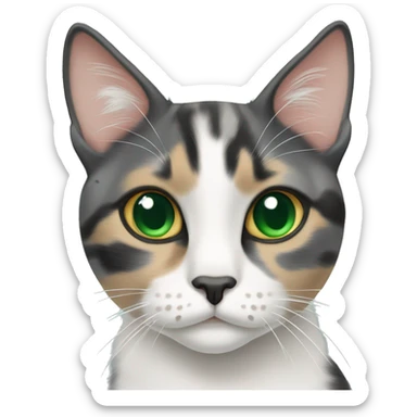 Dilute calico cat with green eyes and a speckled nose sticker