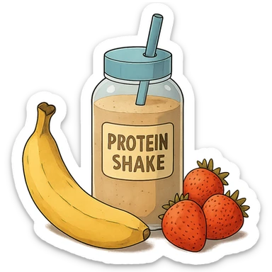 ghibli style protein shake with banana and strawberries around sticker