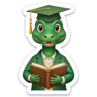 A claymation-style academic alligator with a book. The background is a solid white circle sticker