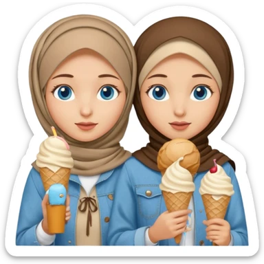 Turkish beautiful finish Konya two girls blue eyes with beige denim hijab islamic dress and had on her hand ice cream sticker