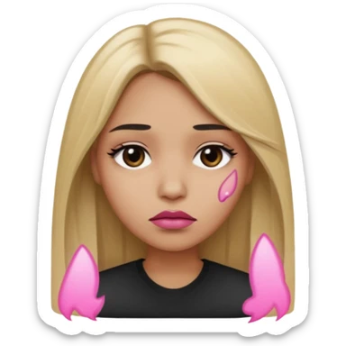 Mujer color de piel moreno claro, con cabello rubio largo, lacio y suelto, ojos negros, labios color rosita, triste  sticker