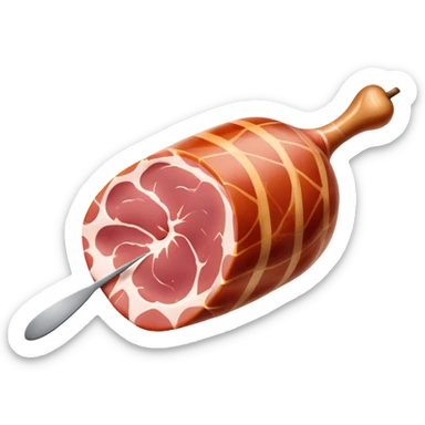 Jamón Serrano Cinematic Realistic Jamón Serrano Dish Emoji, depicted as a prominent leg of cured ham with visible marbling, rendered with rich textures and dynamic, appetizing lighting. sticker