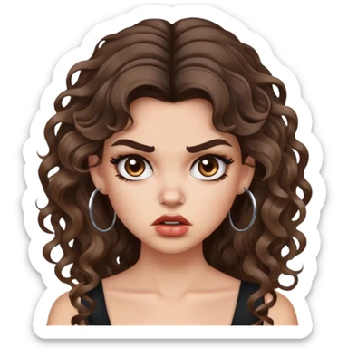 cute girl with not volominous VERY LONG curly/wavy brunette hair with balayage, brown eyes, full lips, baddie clean girl makeup and hoop earrings white girl: ANGRY FACE sticker