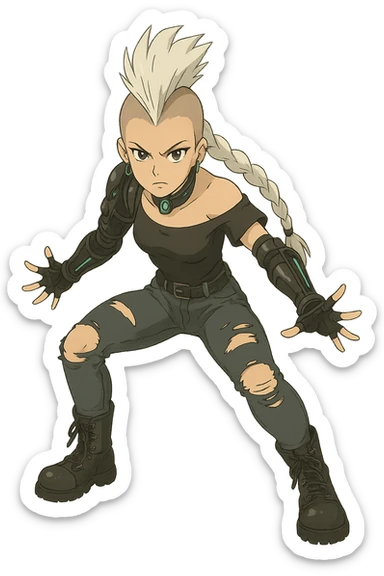 1 female, futurepunk, mohawk white hair, 1 long braid, cybergoth, gothic style, action pose, style of anime, she is looking into the camera, black short sleeve off shoulder top, ripped tight jeans, combat boots, going superseiyan pose sticker