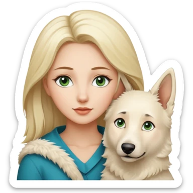 A white blonde Hair Woman with blue Green eyes with a White Shepard with a little bit beige in the fur in a lovely pose  sticker