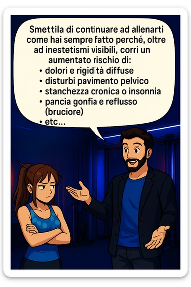 TRASFORMA QUESTO CAROSELLO IN UN FUMETTO STILE MANGA A COLORI CON QUESTE DUE PERSONE IDENTICHE CHE INTERLOQUISCONO TRA LORO:

LUI (UOMO): Smettila di continuare ad allenarti come hai sempre fatto perché, oltre ad inestetismi visibili, corri un aumentato rischio di:
    • dolori e rigidità diffuse
    • disturbi pavimento pelvico
    • stanchezza cronica o insonnia
    • pancia gonfia e reflusso (bruciore)
    • etc… sticker