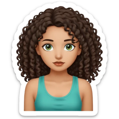 Girl with olive skin, teal eyes, dark brown  loose curly long hair, pretty white tank top sticker
