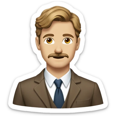 Remus lupin - sandy brown hair, brown eyes, light skin, sandy brown mustache, dessed in a brown suit, shirt and a tie sticker