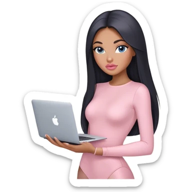 Glamours, tanned, very beautiful girl, with big pump peach-beige-rose lips, black straight smooth silky long hair, straight parting, blue-grey eyes, in light-pink bodysuit holding MacBook sticker