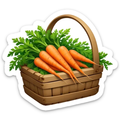 Cinematic vibrant orange carrot, crisp and fresh, slightly twisted with green leafy tops, arranged in a rustic wooden basket, natural and inviting. sticker