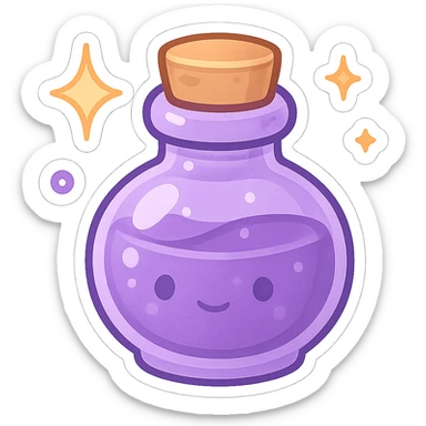 purple chibi sticker, adorable potion bottle, sparkles and stars, chibi style sticker