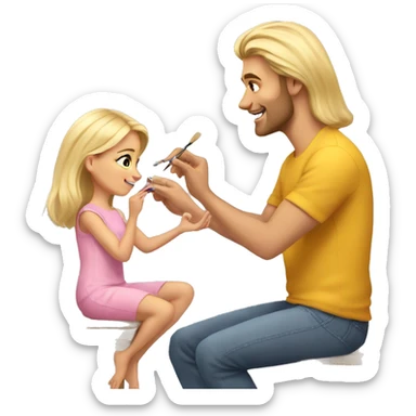 blonde daughter paints blonde dad's nails sticker