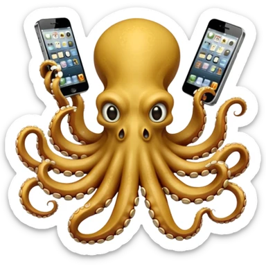 Intimidating octopus made of bones. Evil looking eyes, wearing a gold necklace. 3 tentacles are holding their own cellphone with one held to the side of its face as if its on a phone call, 2 other tentacles are holding stacks of money sticker