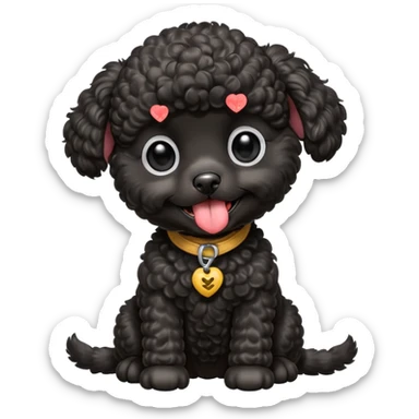 A high-resolution square-format digital illustration of a black toy poodle puppy in a clean, emoji-inspired semi-realistic style. The poodle is shown from the chest up, facing forward with a slight tilt of the head to the left, tongue out playfully. sticker