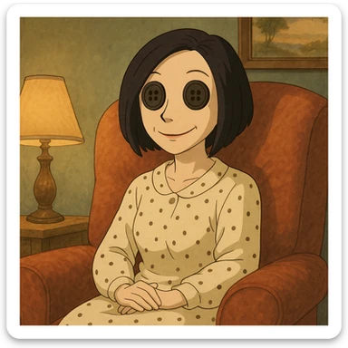 The Beldam (Other Mother) from Coraline, cute Ghibli style, button eyes, sitting in a cozy chair, gentle smile sticker